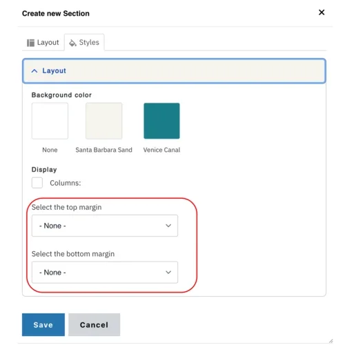 Example of the padding select menu for top and bottom margin