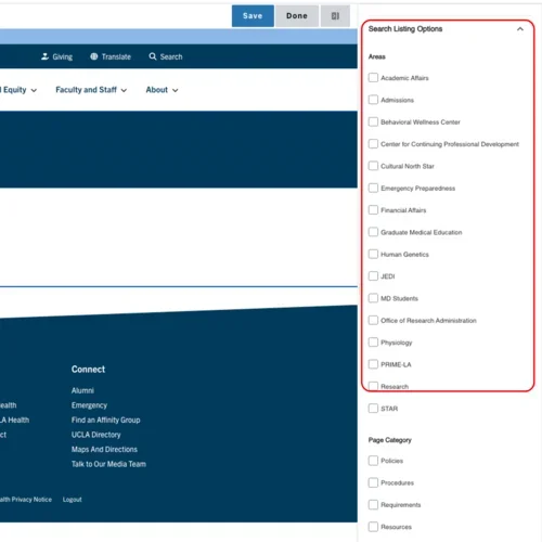 Example of the page search listing option field outlined