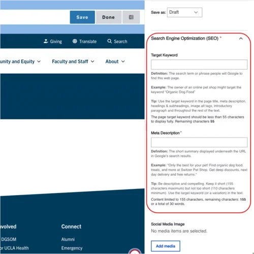 Example of the page SEO fields outlined