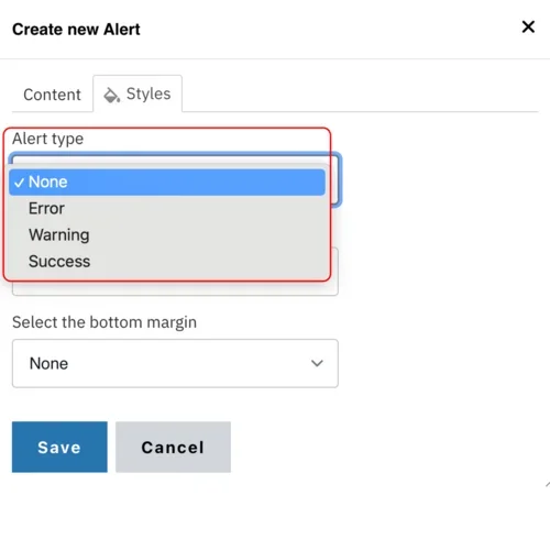 Example of the alert type dropdown 