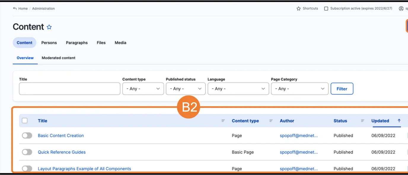 Example of how to get to the content creation page (Steps B1, B2 and C1) 