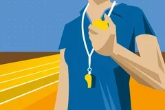 A person wearing a whistle and holding a timer on a race track