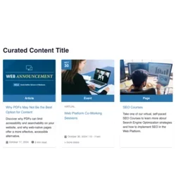 Example of a Curated Content Component: There are three cards, each with a graphic above and a brief description of the content that each card links to