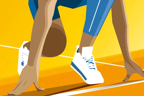 Graphic of a person's wearing tennis shoes about to begin a race 