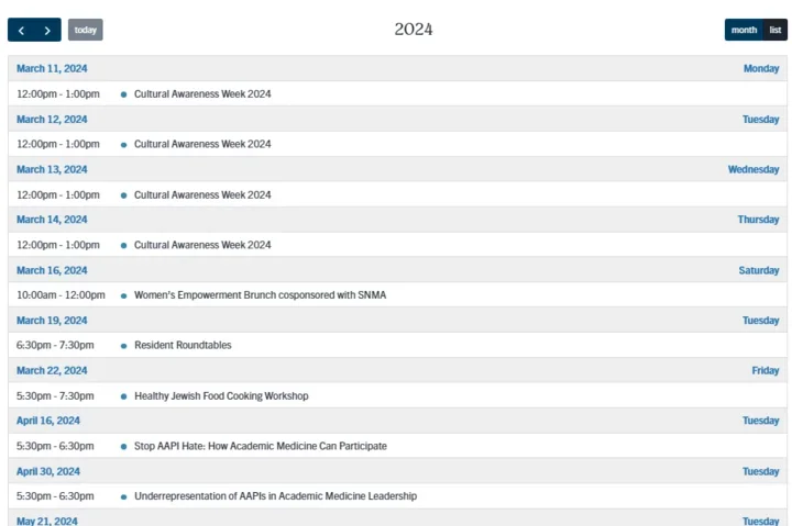 Example of events calendar component in list view