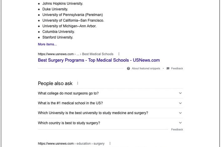 Example SERP Page for the keyword "best medical schools for surgery"