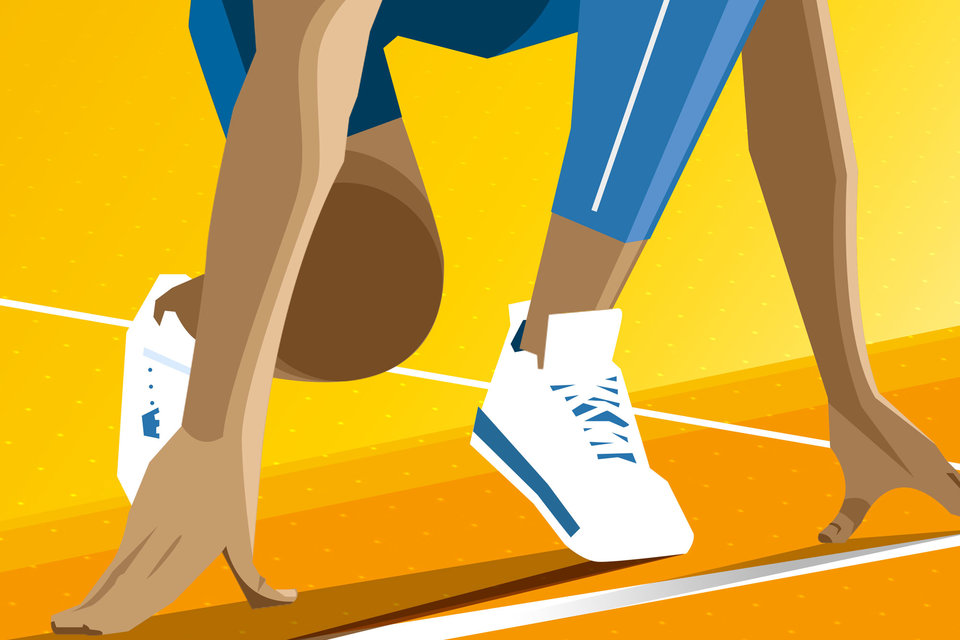 Graphic of a person's wearing tennis shoes about to begin a race 